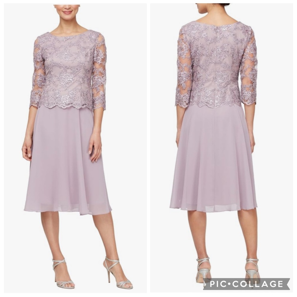 Alex Evenings Embroidered Lace Bodice Tea Length Dress Wisteria Lilac 6